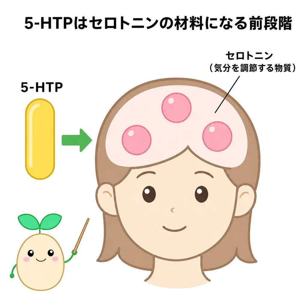 5-HTPがセロトニンの材料の一歩手前にあたり、セロトニンが満腹感や食欲のリズムを支える一方、食欲への効果は確かめきれていないことを示すイメージ