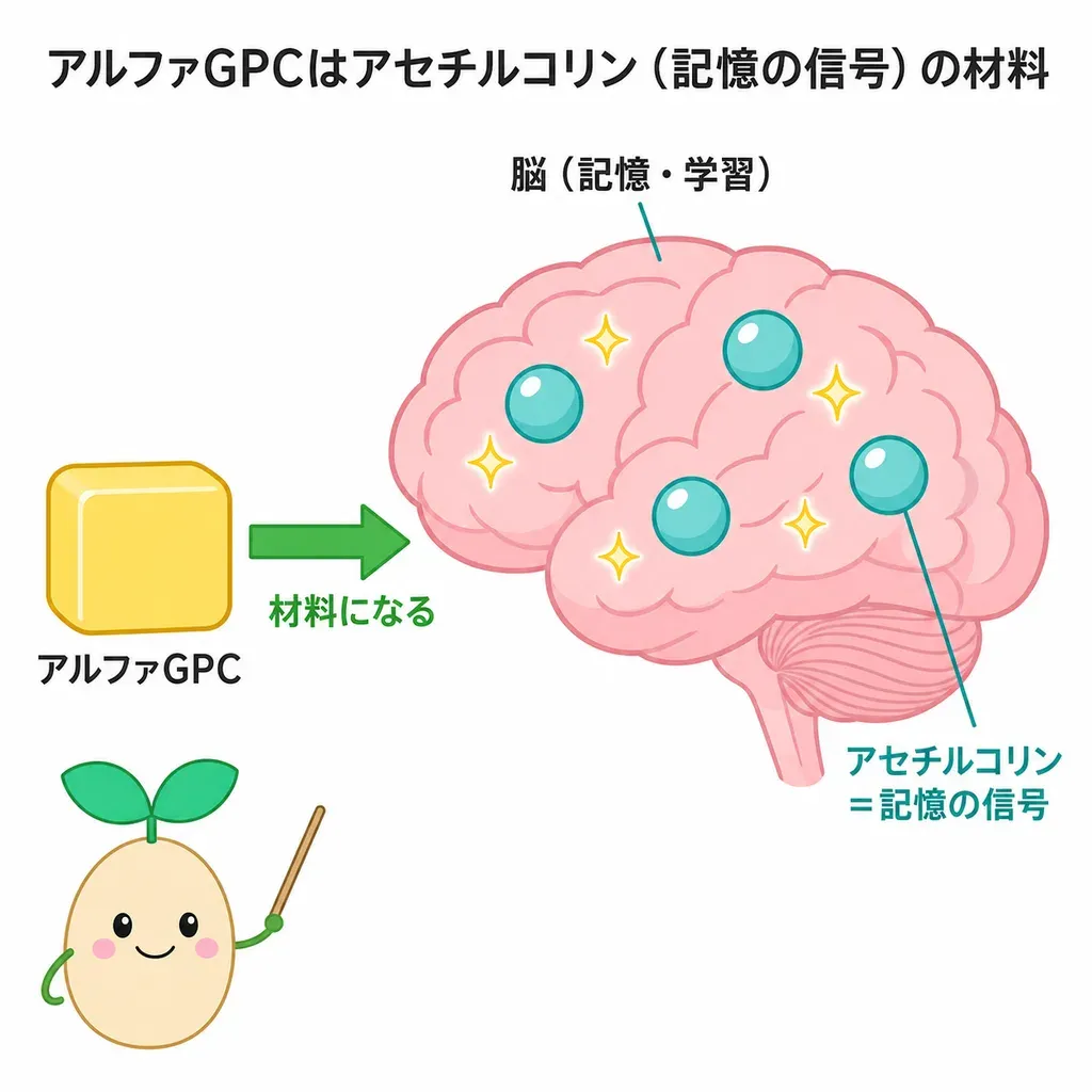 アルファGPCが、記憶・学習の信号を伝えるアセチルコリンの材料になり、頭の働きとの関連で研究されているイメージ