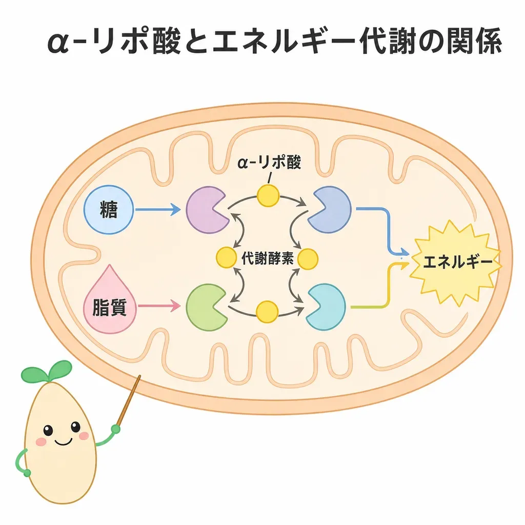 α-リポ酸がミトコンドリア内の糖・脂質の代謝を助ける仕組みと、体重の研究で報告された変化が小さいことを示す図