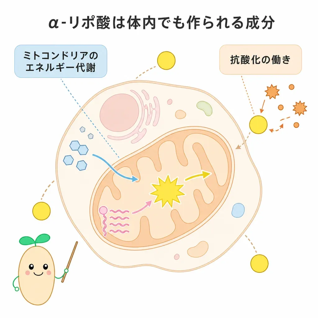 α-リポ酸が体の中でどんなはたらきに関わるかをやさしく示した図
