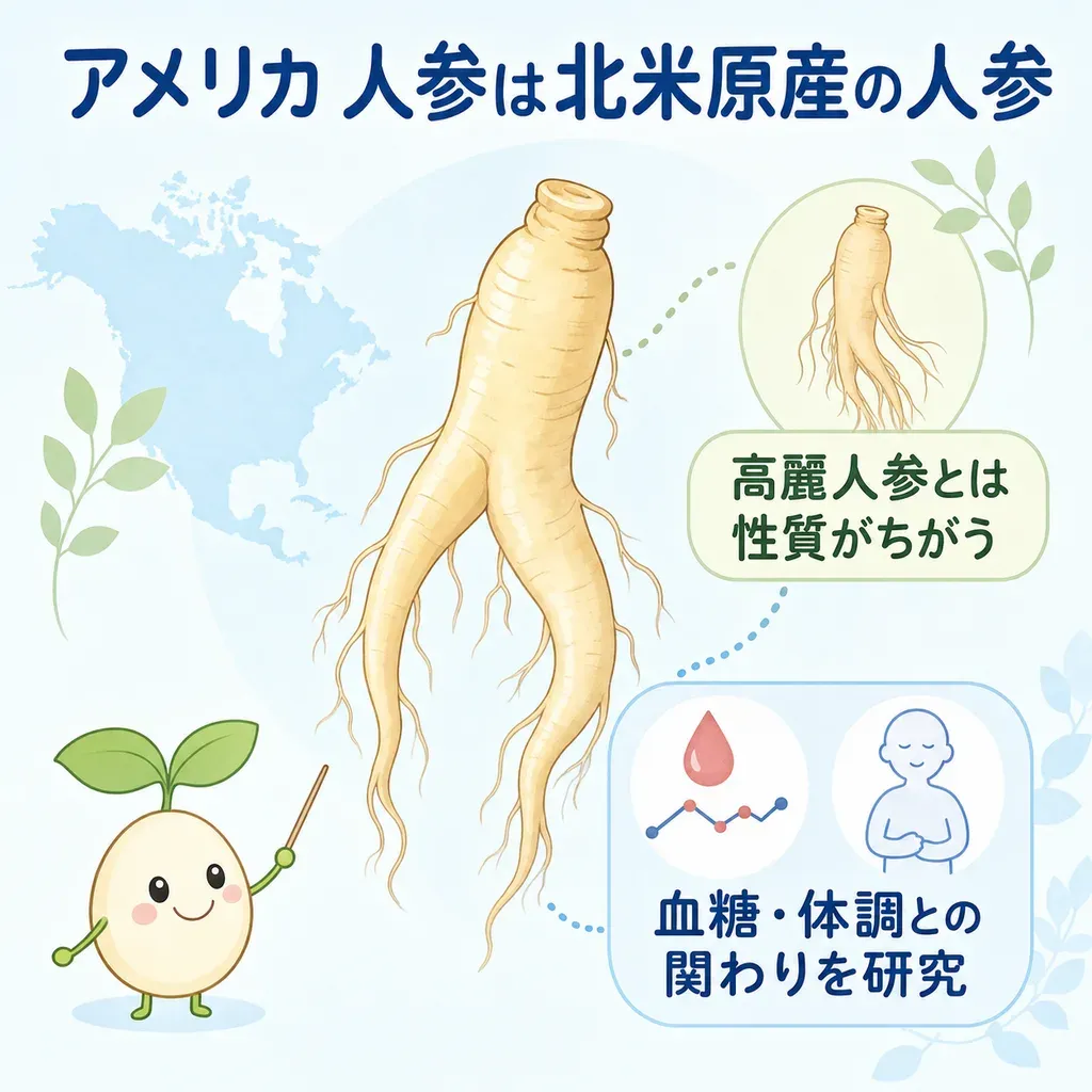 アメリカ人参(西洋人参)が体の中でどんなはたらきに関わるかをやさしく示した図