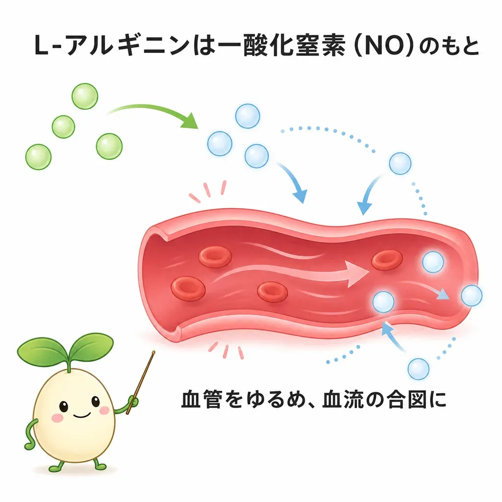 L-アルギニンが体の中でどんなはたらきに関わるかをやさしく示した図