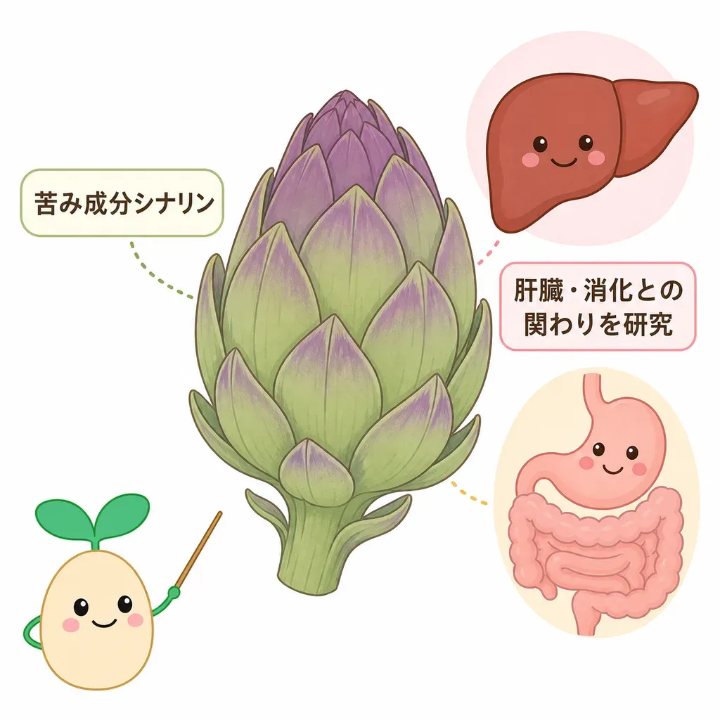 アーティチョークが体の中でどんなはたらきに関わるかをやさしく示した図