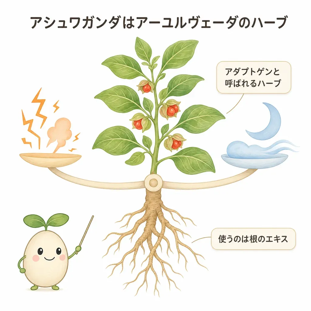 アシュワガンダが体の中でどんなはたらきに関わるかをやさしく示した図