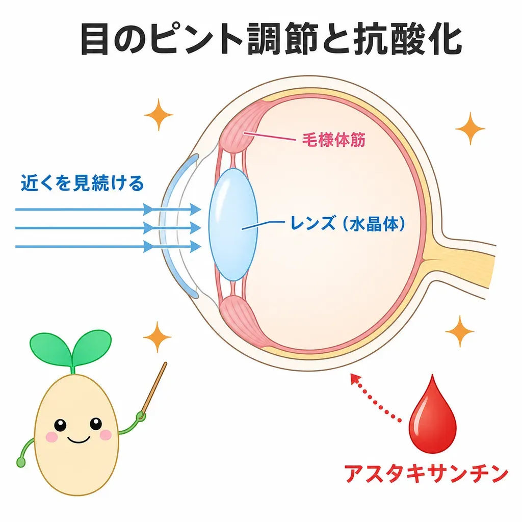 ピントを合わせる筋肉が酷使される目のまわりを、アスタキサンチンが抗酸化の面から気づかうとされるイメージ