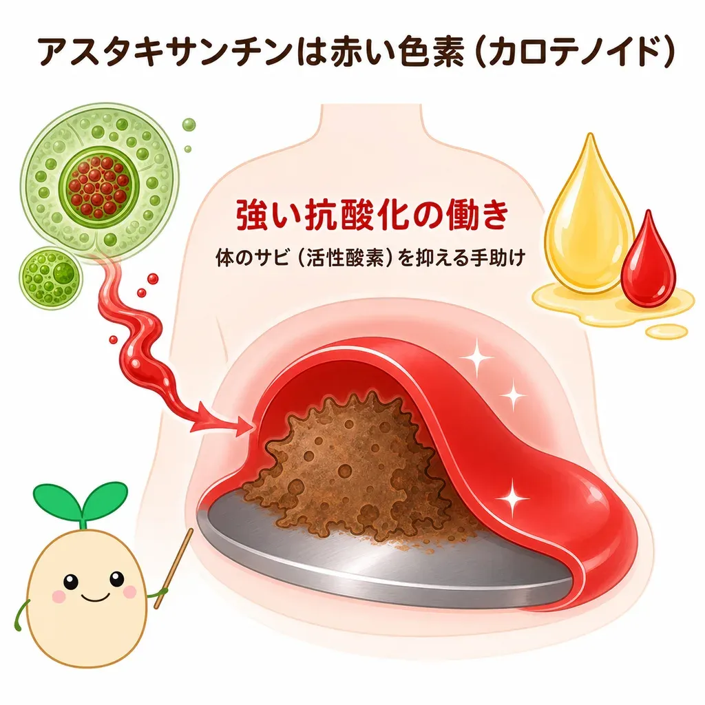 アスタキサンチンが体の中でどんなはたらきに関わるかをやさしく示した図