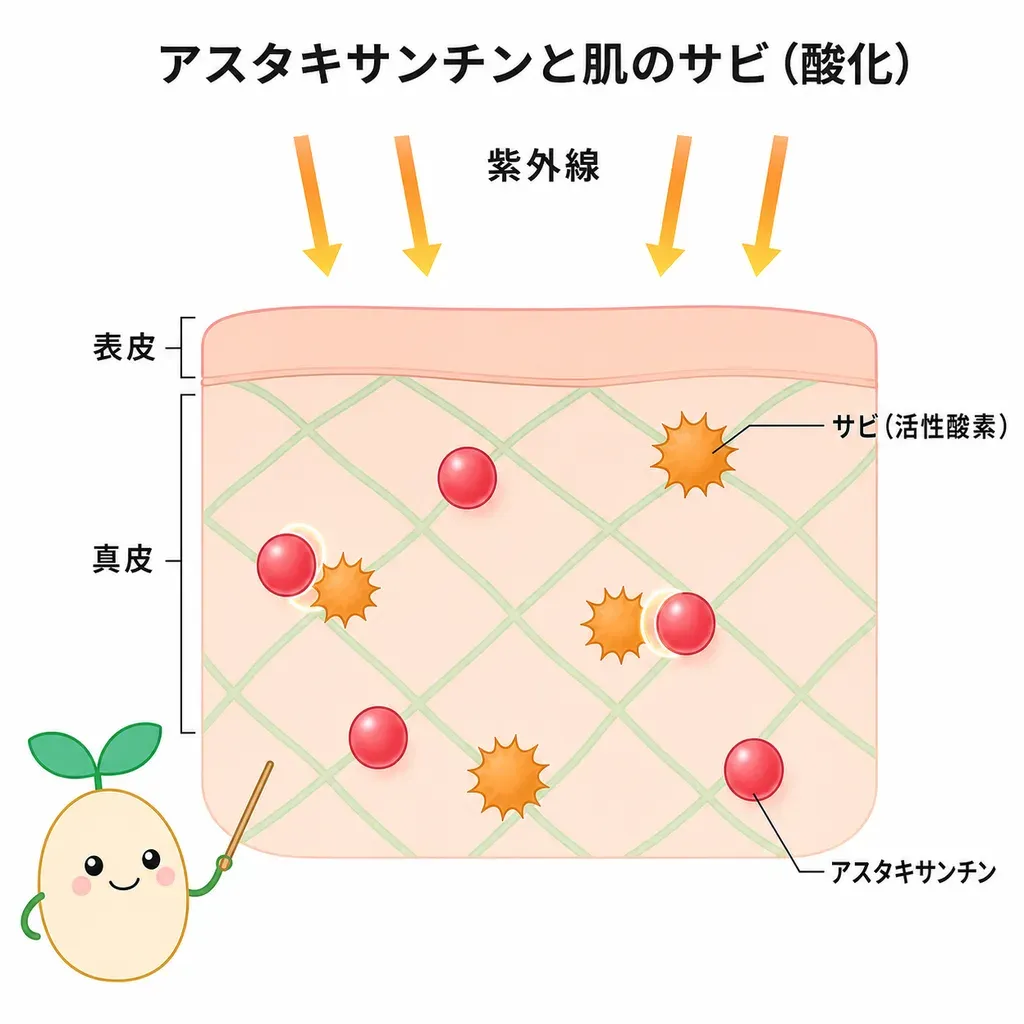 アスタキサンチンが活性酸素（酸化ダメージ）を抑え、肌のハリ・うるおいを守る手助けをするとされるイメージ
