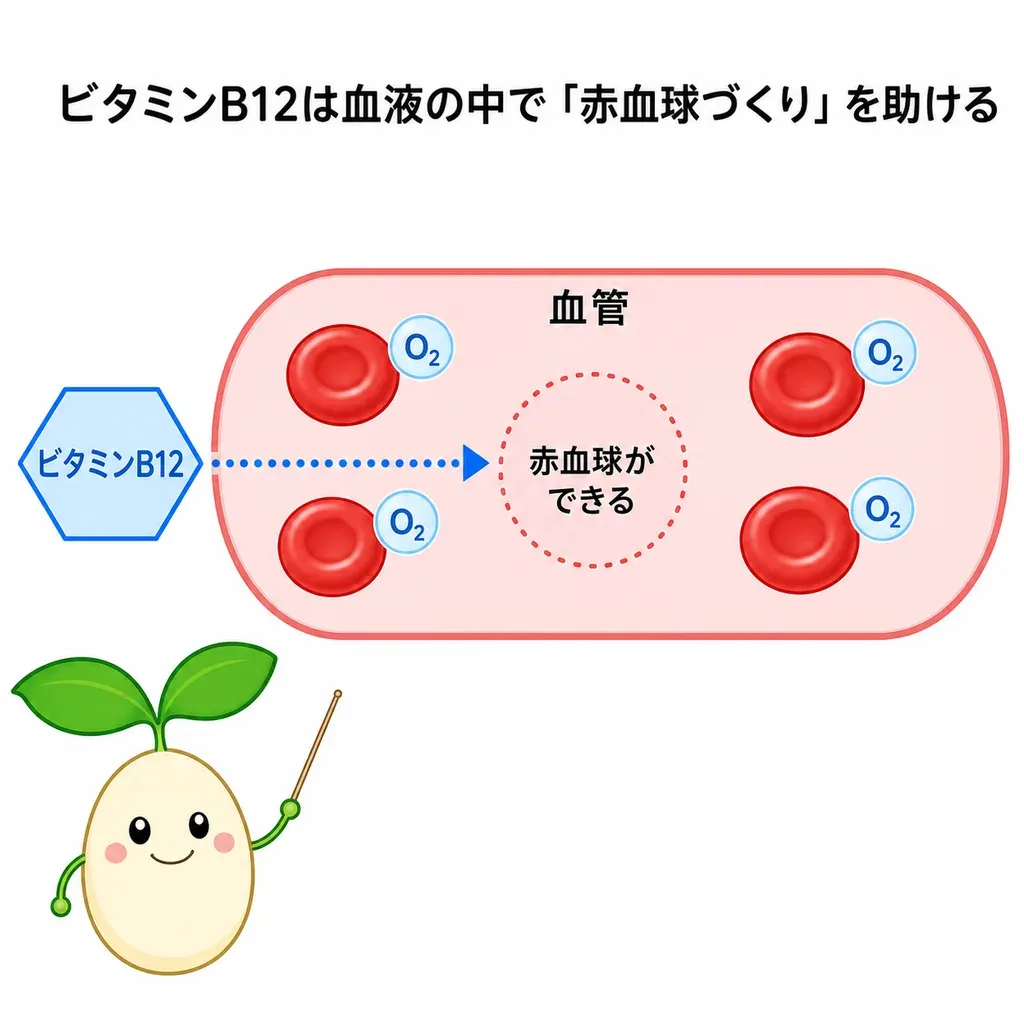ビタミンB12が赤血球づくりとエネルギー代謝を支え、不足すると疲れ・だるさにつながるとされるイメージ
