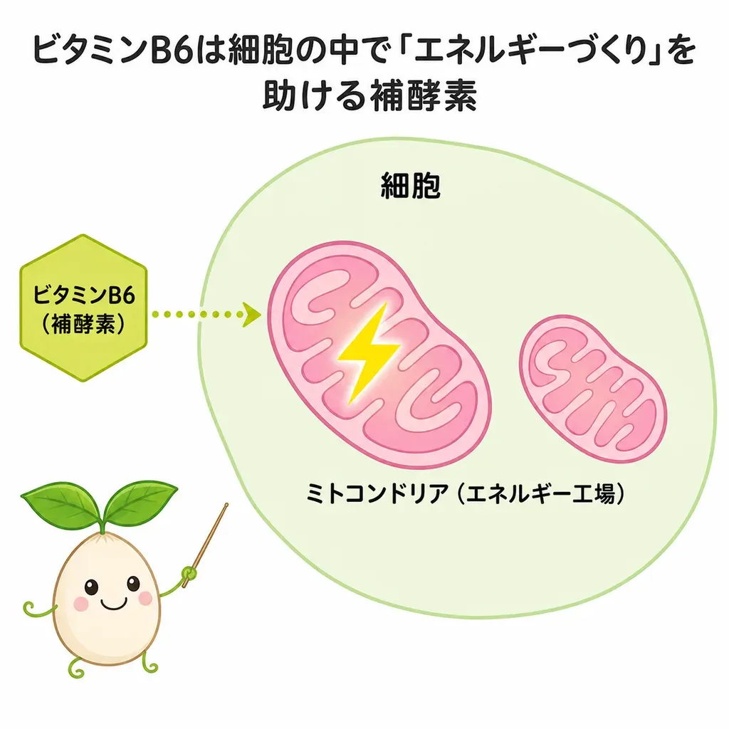 ビタミンB6がエネルギー代謝などの反応を支える補酵素として働く一方、とりすぎは神経の障害に注意というイメージ