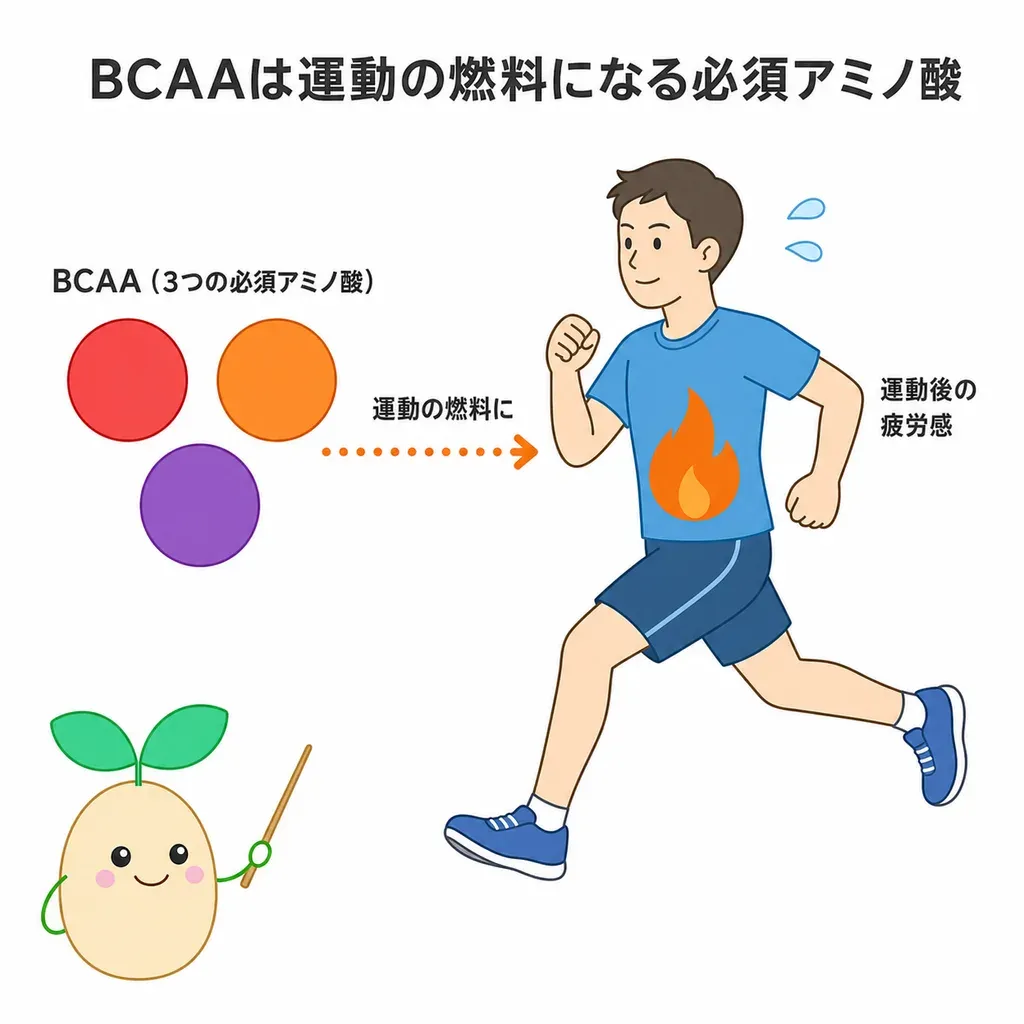 BCAAが筋肉のエネルギー源として使われ、運動後の疲労との関係が研究されている(結果は分かれる)イメージ