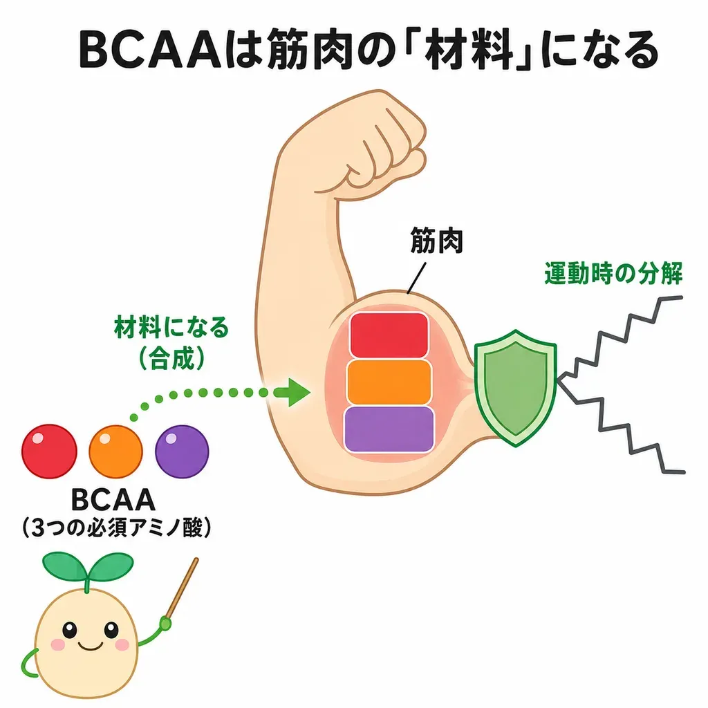 BCAA(特にロイシン)が筋肉を作るスイッチを後押しするイメージ。土台は十分なたんぱく質と運動