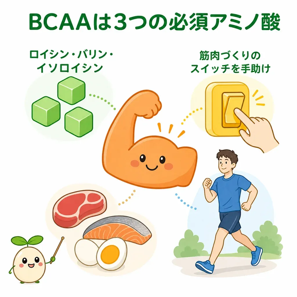 BCAA（分岐鎖アミノ酸）が体の中でどんなはたらきに関わるかをやさしく示した図