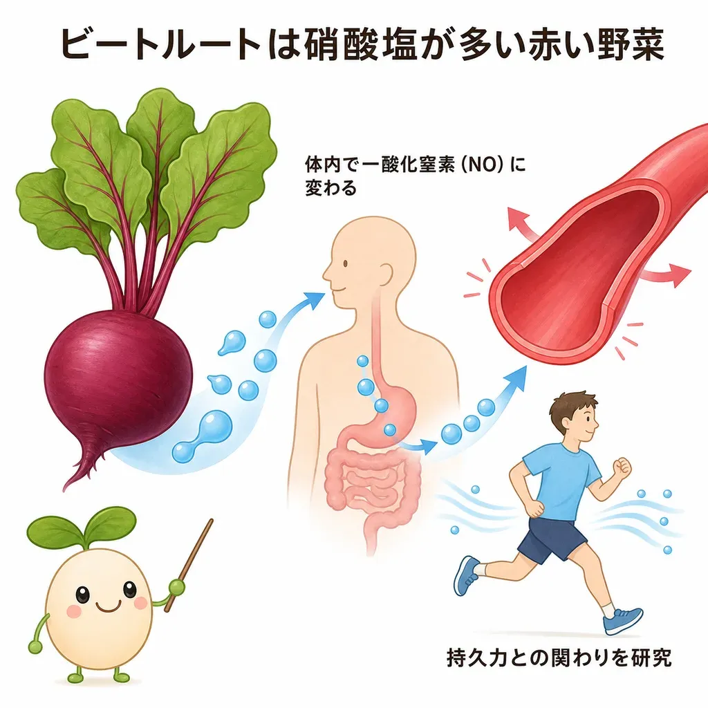 ビートルート（硝酸塩）が体の中でどんなはたらきに関わるかをやさしく示した図