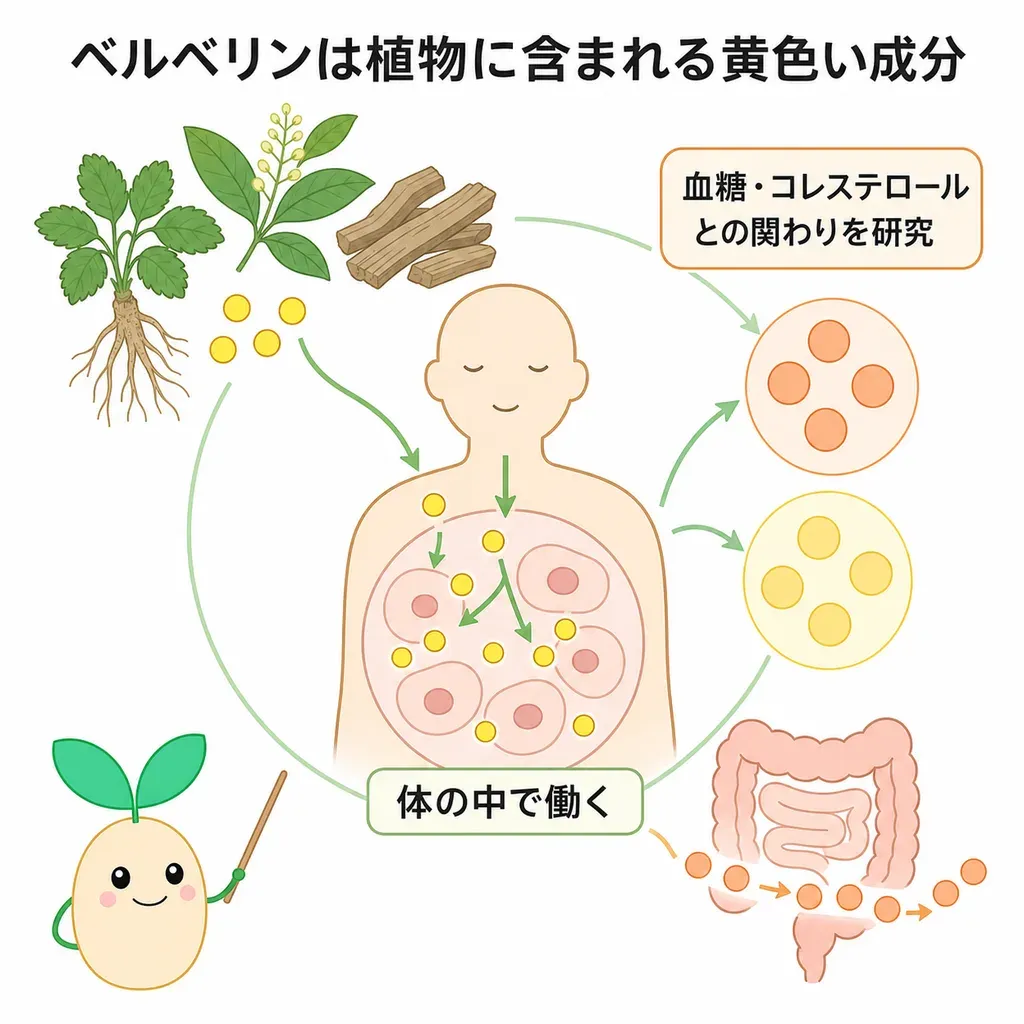 ベルベリンが体の中でどんなはたらきに関わるかをやさしく示した図