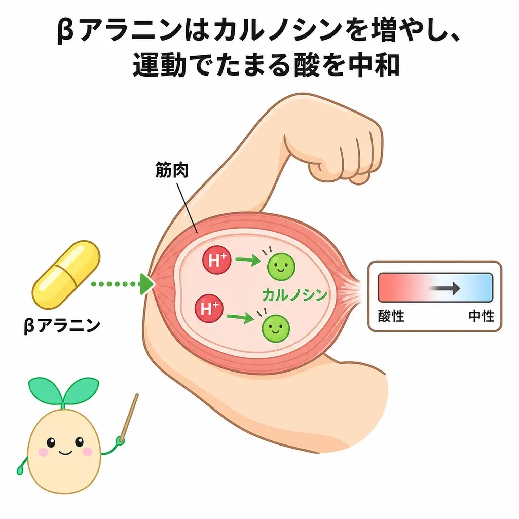 βアラニンが筋肉のカルノシンを増やし、運動中の酸を和らげる働きが研究されているイメージ