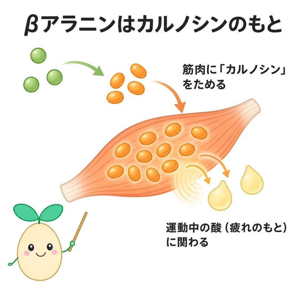 βアラニンが体の中でどんなはたらきに関わるかをやさしく示した図