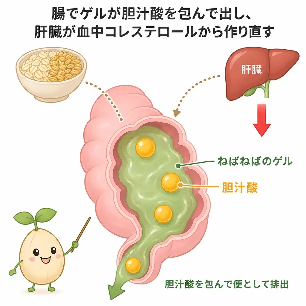 ベータグルカンが胆汁酸を絡めて排出し、肝臓が血中のコレステロールから胆汁酸を補うことで、血中コレステロールが下がるとされるイメージ