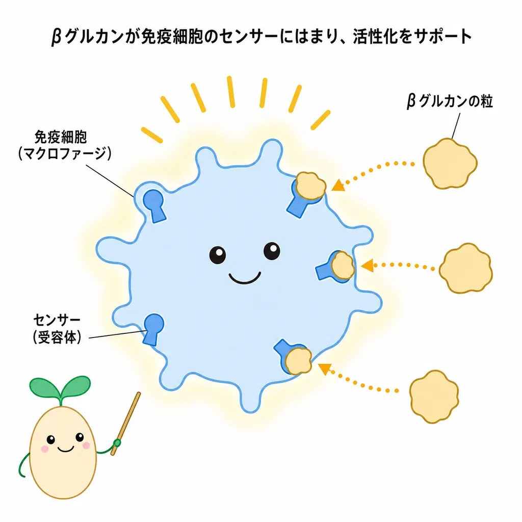 酵母・きのこのベータグルカンを免疫細胞のセンサーが認識し、体の防御を後押しするとされるイメージ