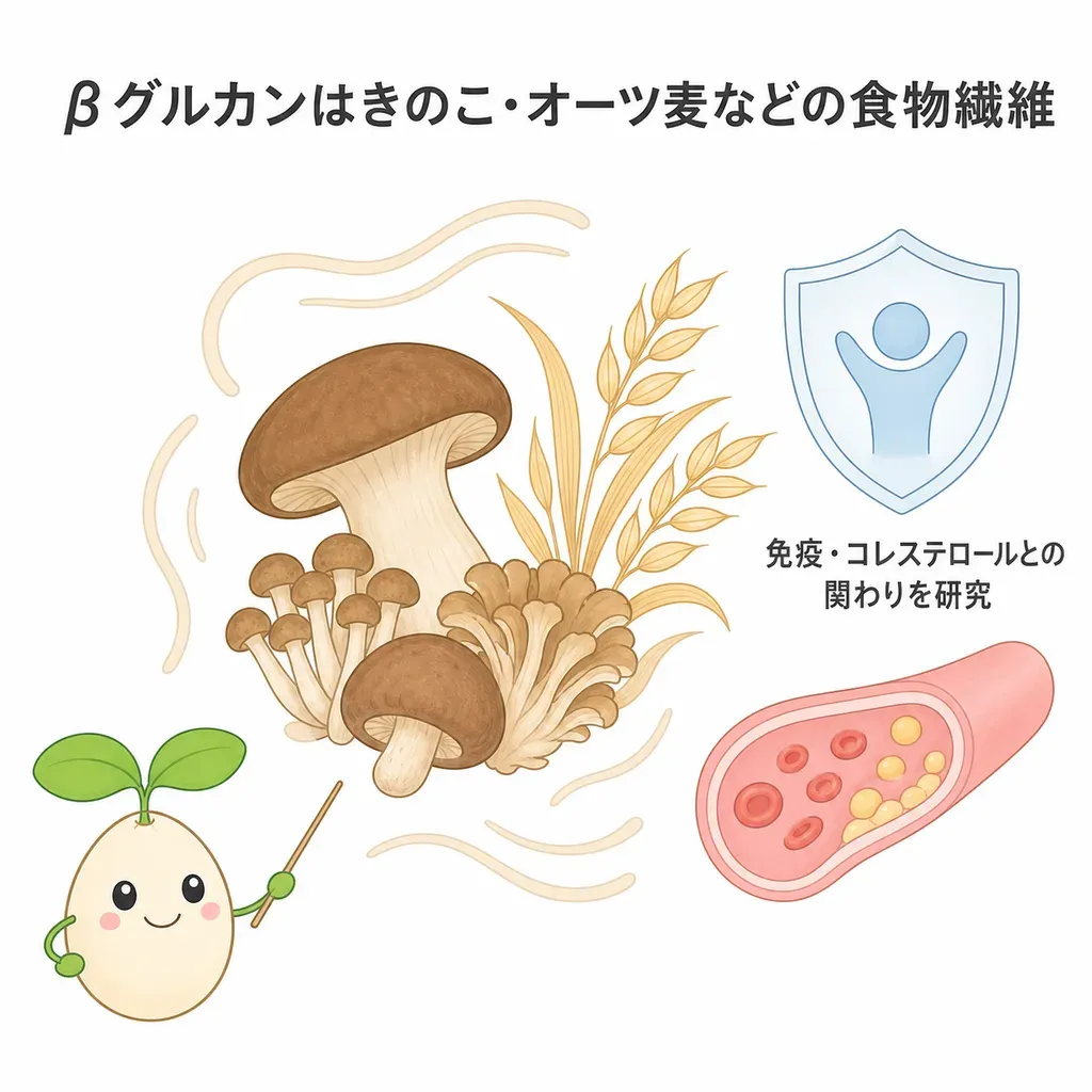 ベータグルカンが体の中でどんなはたらきに関わるかをやさしく示した図