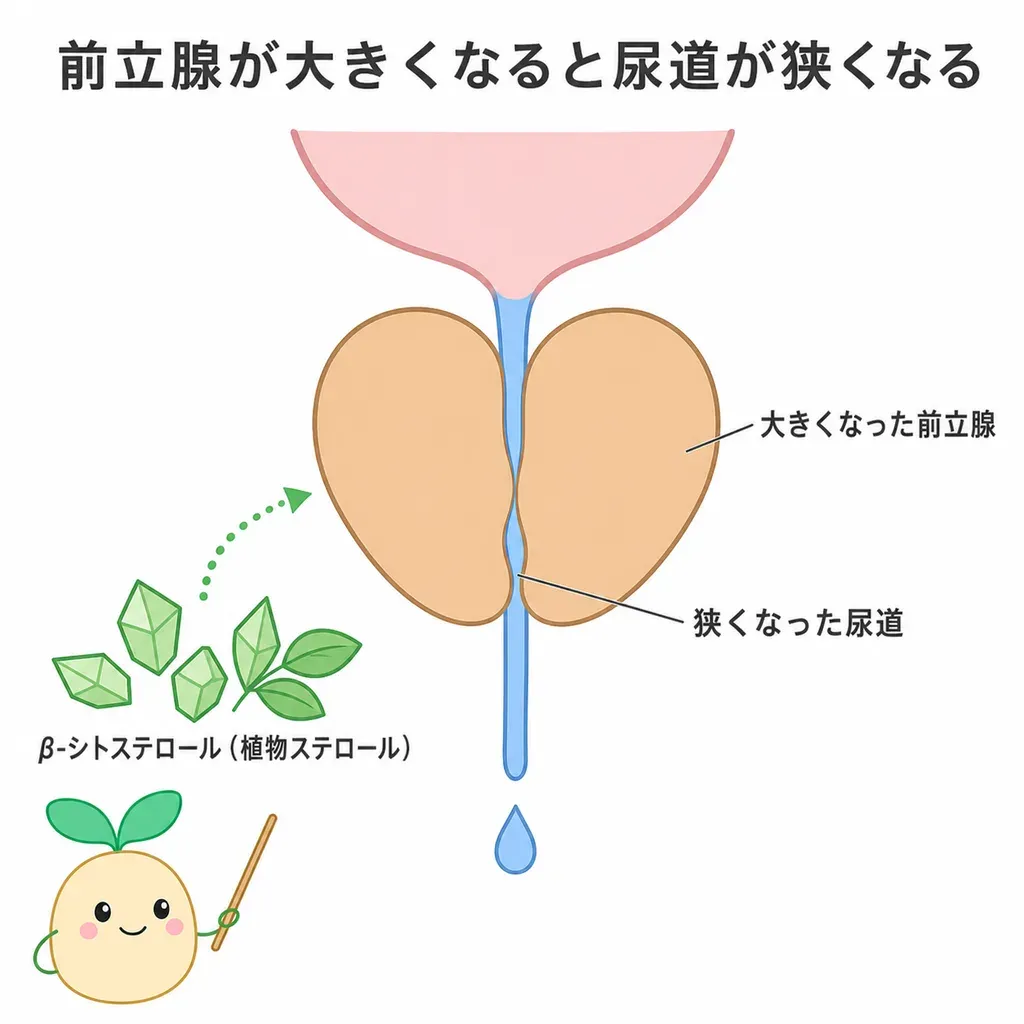 大きくなった前立腺が尿の通り道を圧迫して排尿の悩みが起こるなか、β-シトステロールが前立腺をめぐって研究され、排尿の症状が和らぐとの報告がある一方、長期の効果ははっきりしないことを示すイメージ