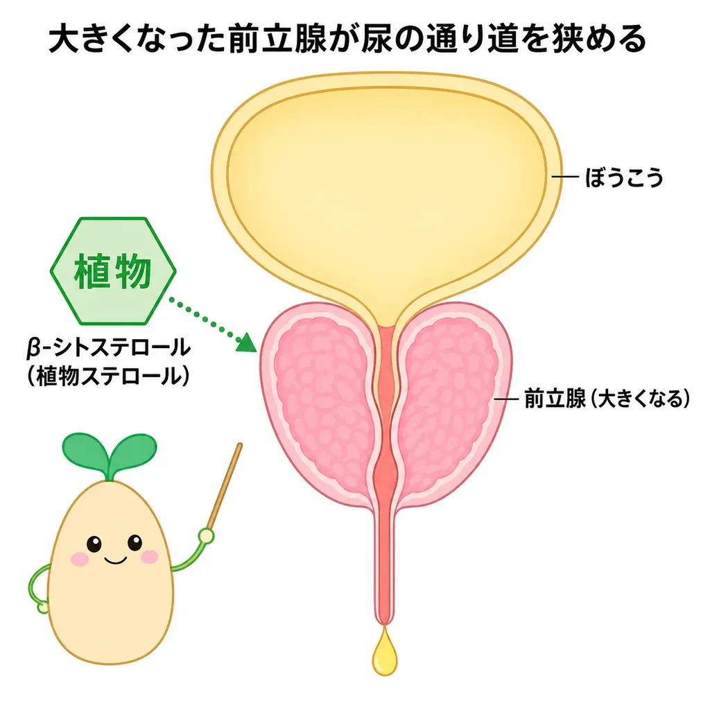 中高年男性で前立腺が大きくなると尿の通り道(尿道)が狭まり、尿の出にくさや残尿感、頻尿につながること、植物ステロールであるβ-シトステロールがその前立腺をめぐって研究されている一方、長期の効果ははっきりせず受診が大切なことを示すイメージ