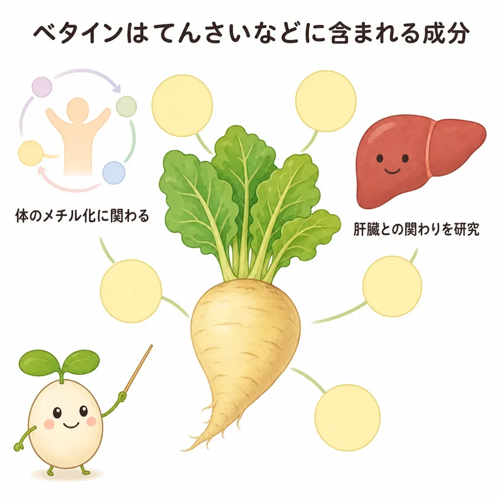 ベタインが体の中でどんなはたらきに関わるかをやさしく示した図