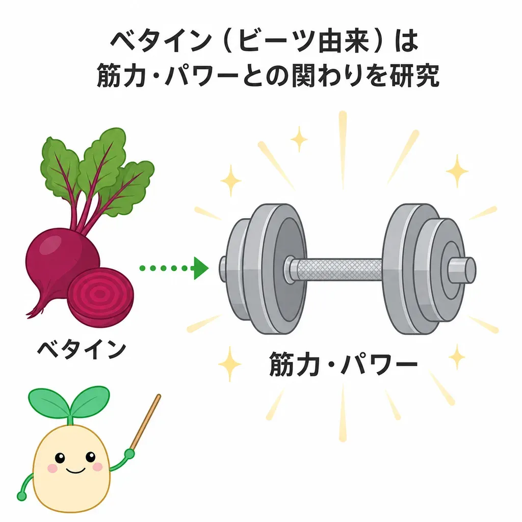 ベタインが筋力・パワーや運動のパフォーマンスについて研究される一方、効果は一定しないことを示すイメージ