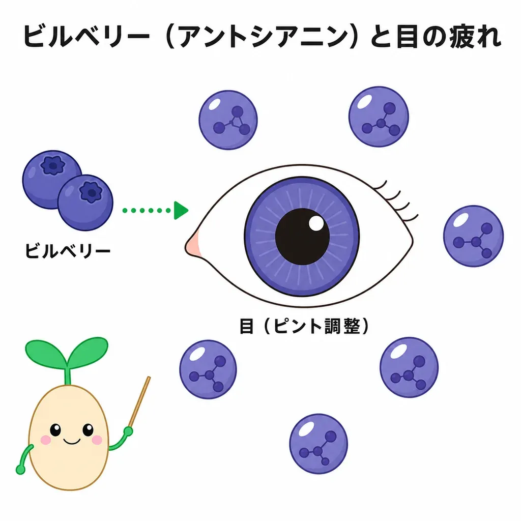 ビルベリーのアントシアニンが目のピント調整を支える可能性が研究され、目の疲れでは小規模な報告がある一方、夜間視力の俗説には裏づけがないことを示すイメージ