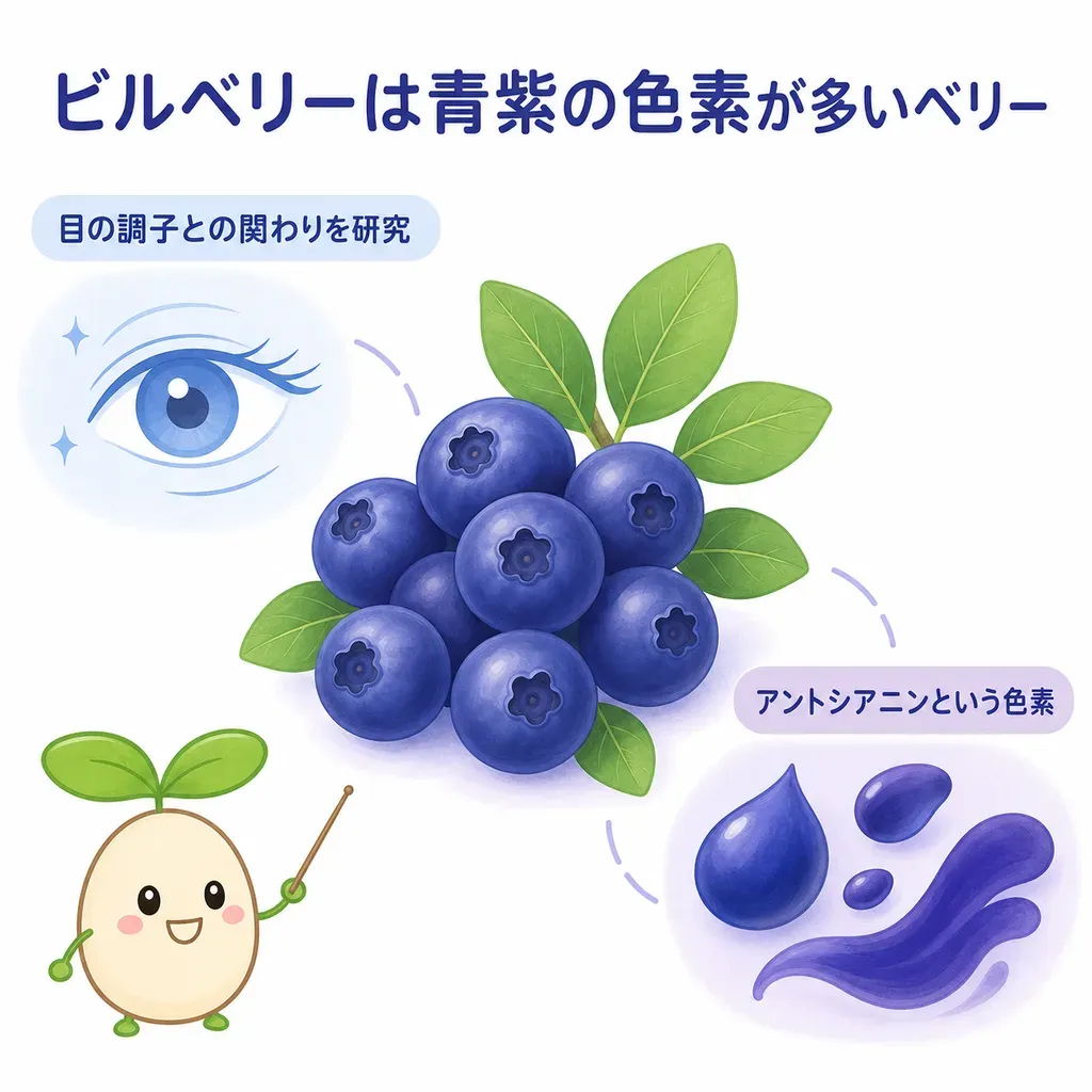 ビルベリーが体の中でどんなはたらきに関わるかをやさしく示した図