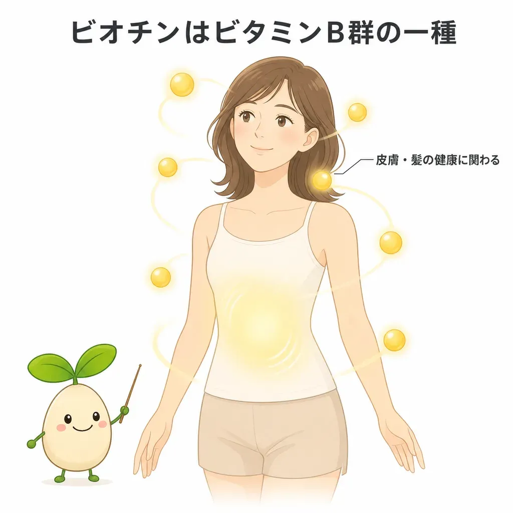 ビオチンが体の中でどんなはたらきに関わるかをやさしく示した図