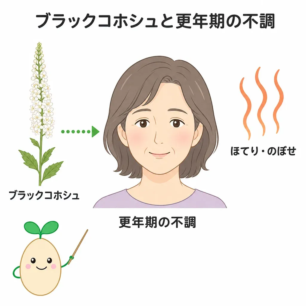 ブラックコホシュが更年期のほてりなどをやわらげる目的で使われる一方、和らぐ報告とそうでない報告があり評価が分かれること、まれに肝機能の異常や肝障害が報告され注意が必要なことを示すイメージ