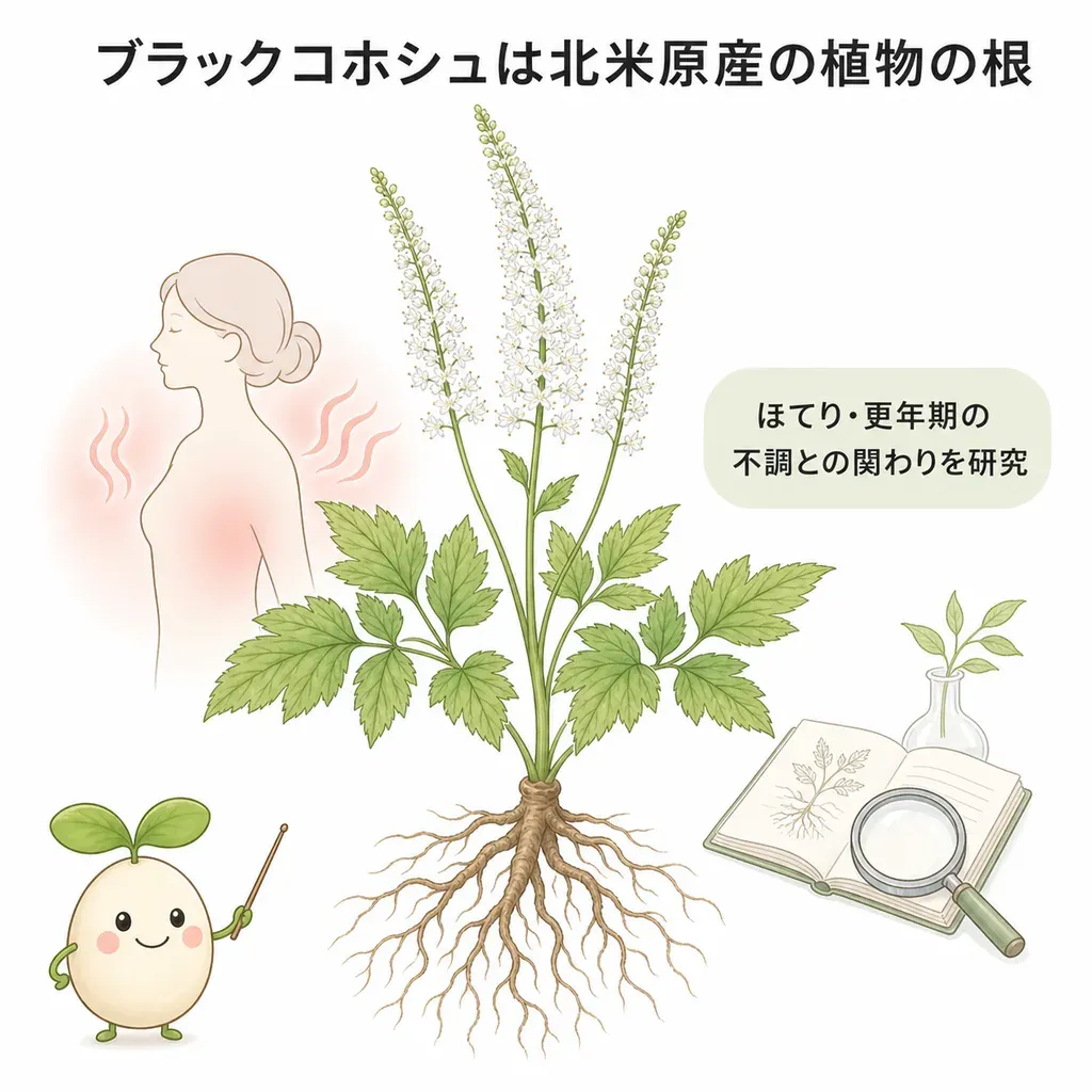 ブラックコホシュが体の中でどんなはたらきに関わるかをやさしく示した図