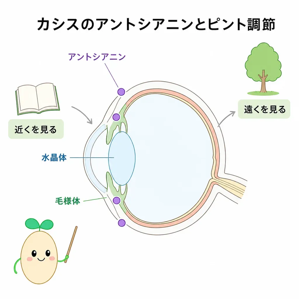 カシス由来アントシアニンの研究で、毛様体と水晶体によるピント調節が評価されていることを示す図
