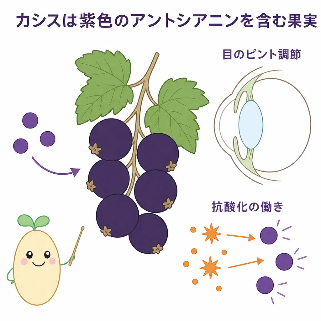 カシス(ブラックカラント)が体の中でどんなはたらきに関わるかをやさしく示した図