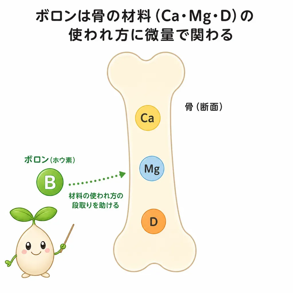 ボロンは、カルシウムやマグネシウム、ビタミンDが骨で使われる段取りに微量で関わる調整役として研究されているイメージ