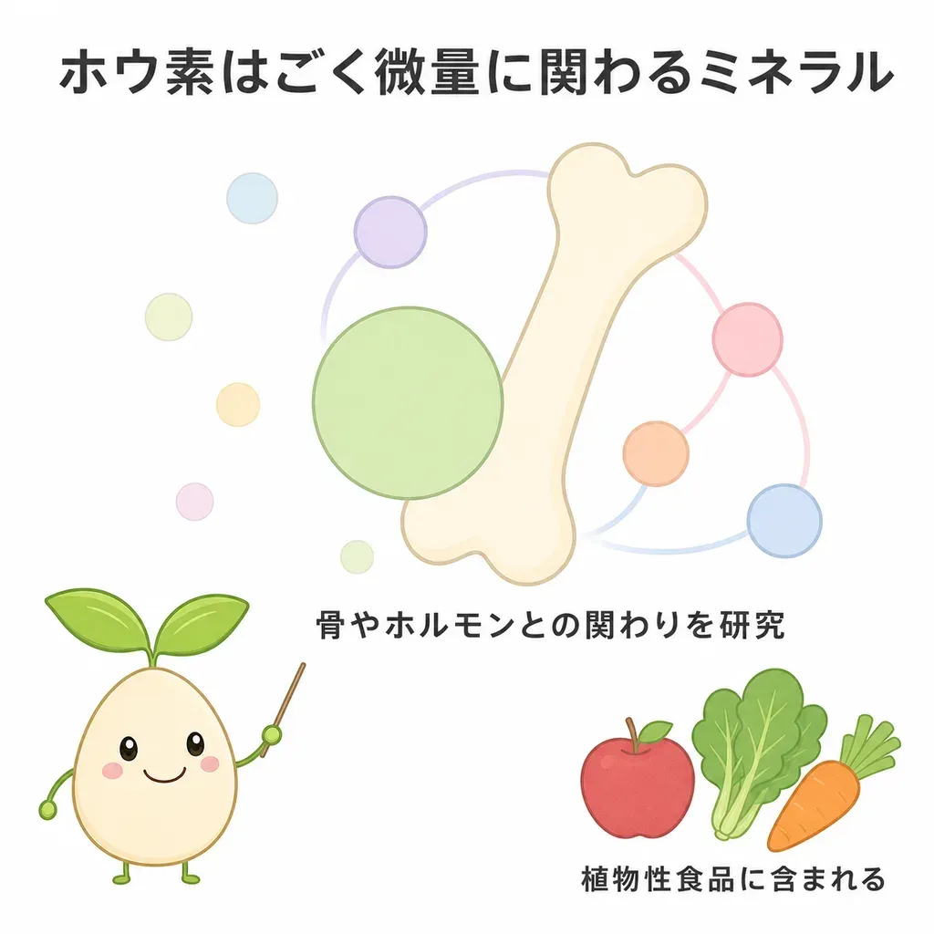 ボロン(ホウ素)が体の中でどんなはたらきに関わるかをやさしく示した図