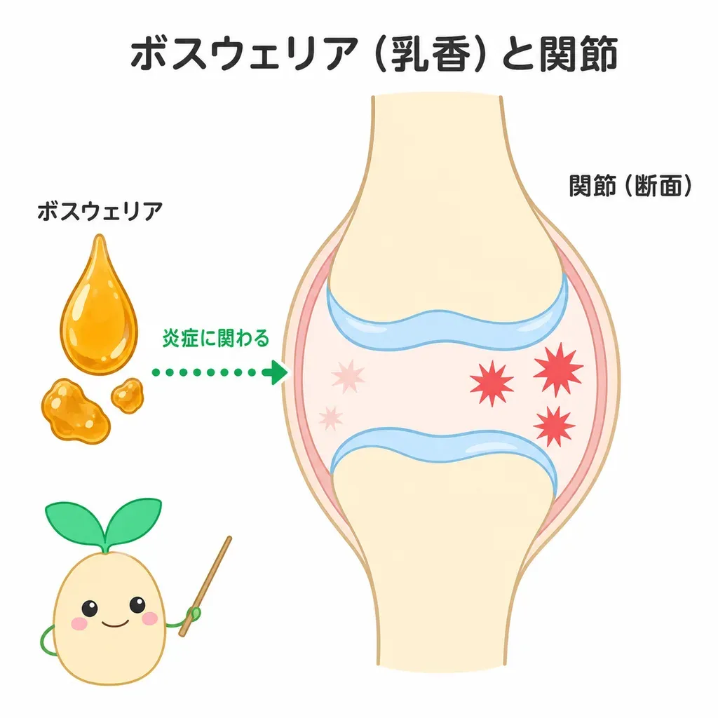 ボスウェリアが関節の炎症に関わる物質の働きをおさえることが研究され、痛みや動きやすさとの関係が調べられているイメージ