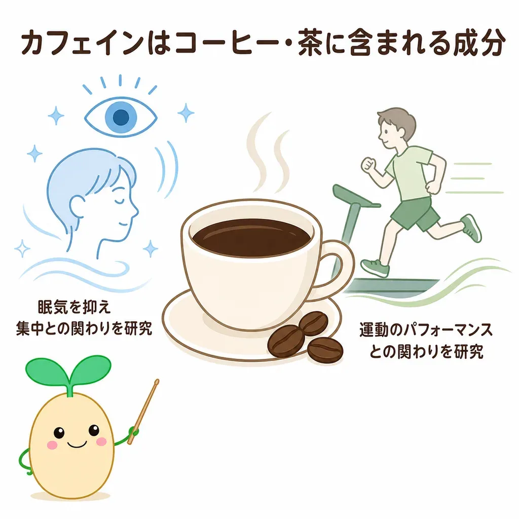 カフェインが体の中でどんなはたらきに関わるかをやさしく示した図