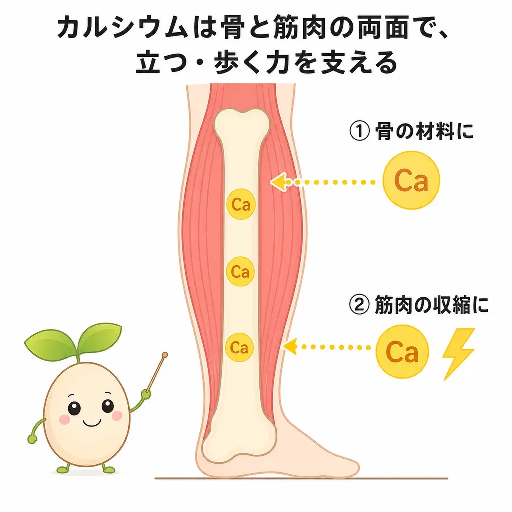 カルシウムが筋肉の収縮の信号と丈夫な骨の両面で、体の動きを支えるとされるイメージ