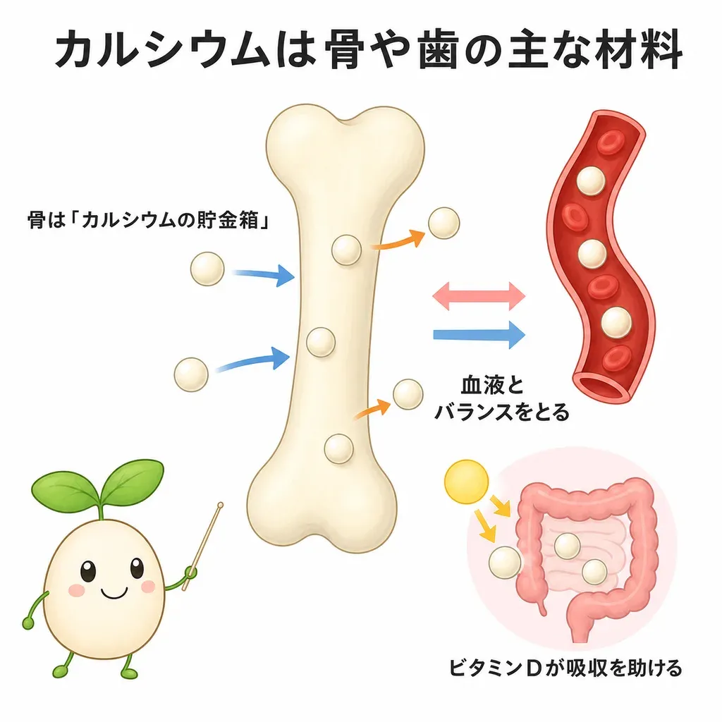 カルシウムが体の中でどんなはたらきに関わるかをやさしく示した図