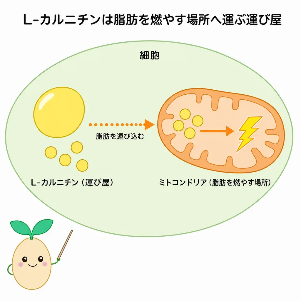 L-カルニチンが脂肪をミトコンドリアへ運びエネルギーに変えるのを助け、疲労との関係が研究されている(とくに高齢者)イメージ