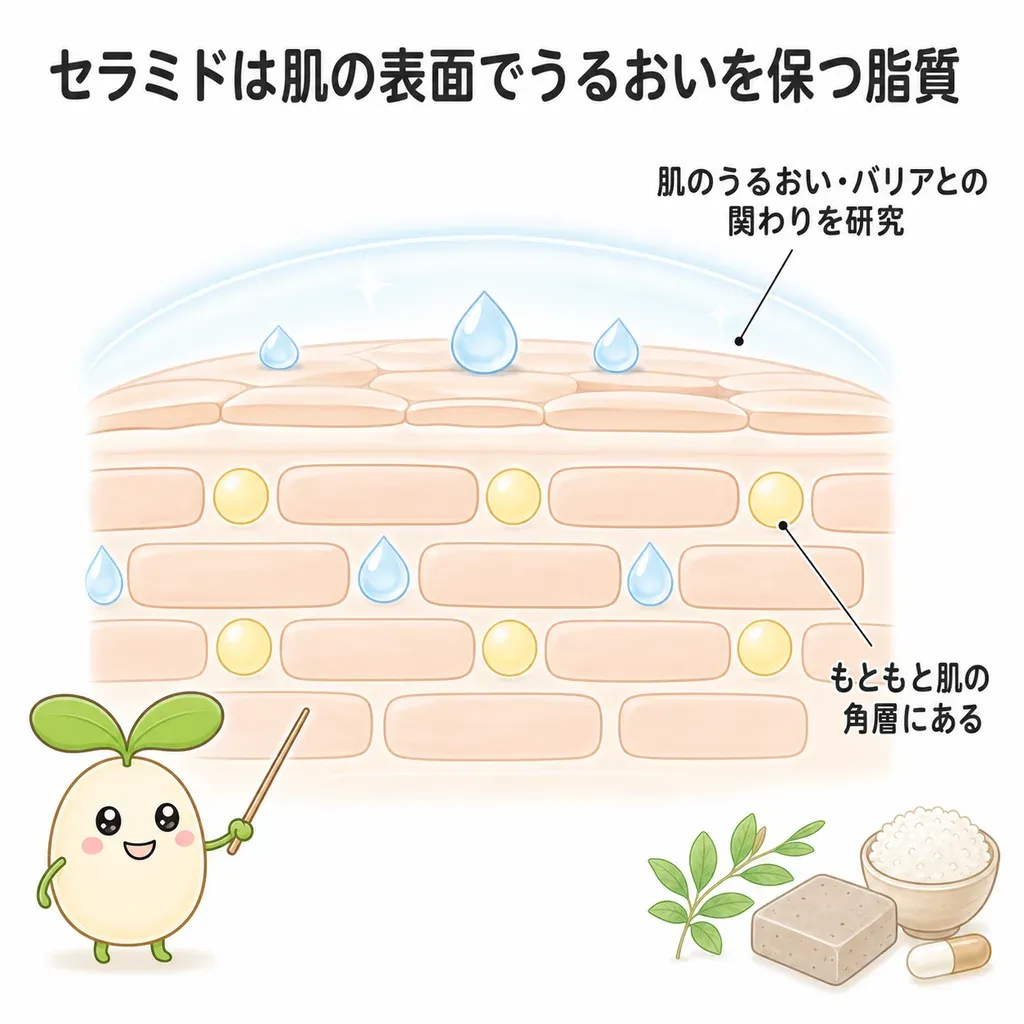 セラミドが体の中でどんなはたらきに関わるかをやさしく示した図