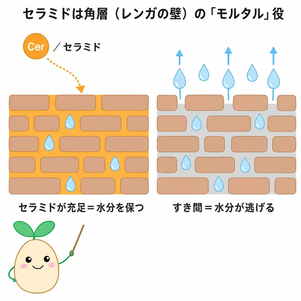 セラミドが肌の表面(角層)でレンガのすき間を埋めるモルタルとなり、水分を逃がさないバリアを支えるとされるイメージ