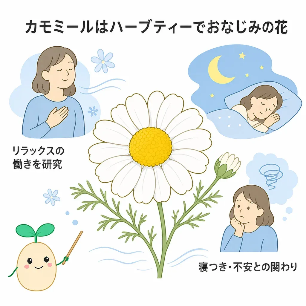 カモミールが体の中でどんなはたらきに関わるかをやさしく示した図