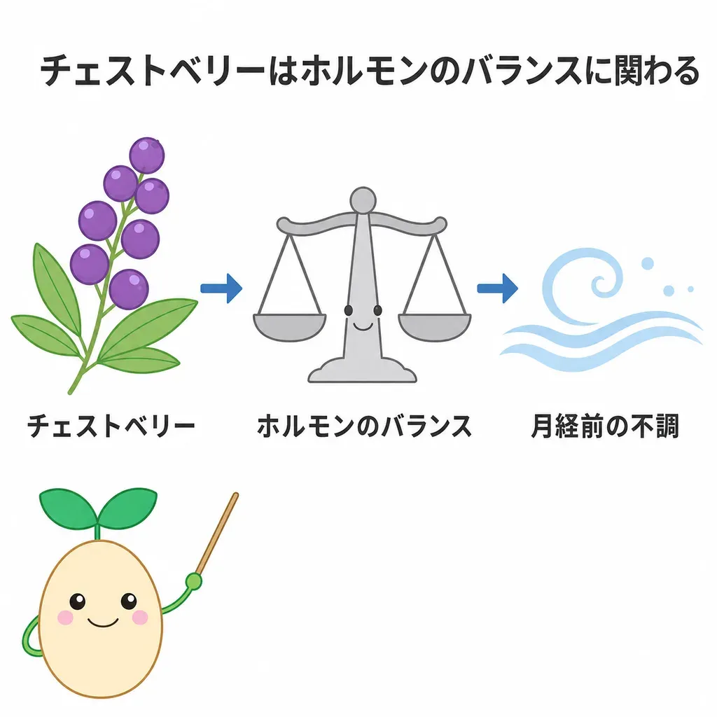 チェストベリーがホルモンのバランス(プロラクチンなど)に働きかけ、月経前の不調との関係が研究されているイメージ