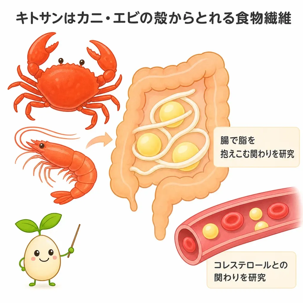 キトサンが体の中でどんなはたらきに関わるかをやさしく示した図
