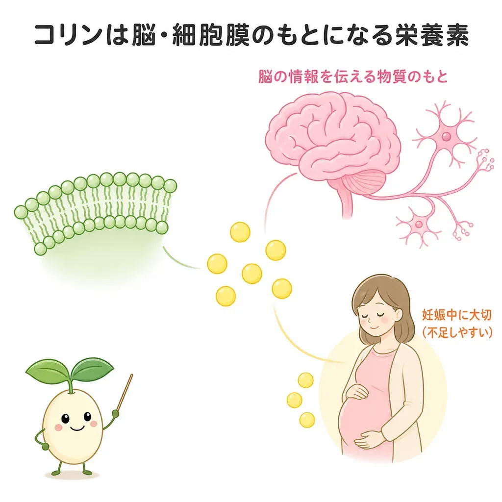 コリンが体の中でどんなはたらきに関わるかをやさしく示した図