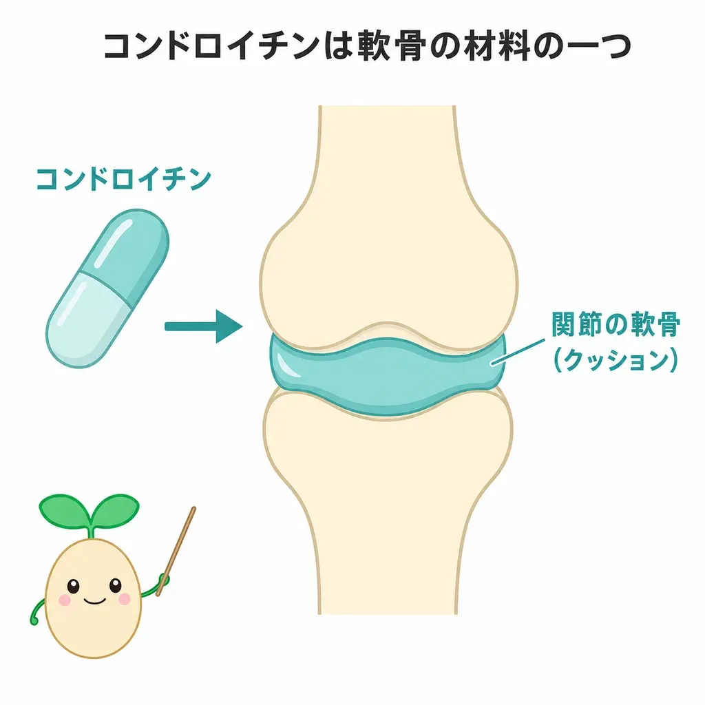 コンドロイチンが軟骨の材料のひとつである一方、口からの効果は研究で賛否が分かれることを示すイメージ