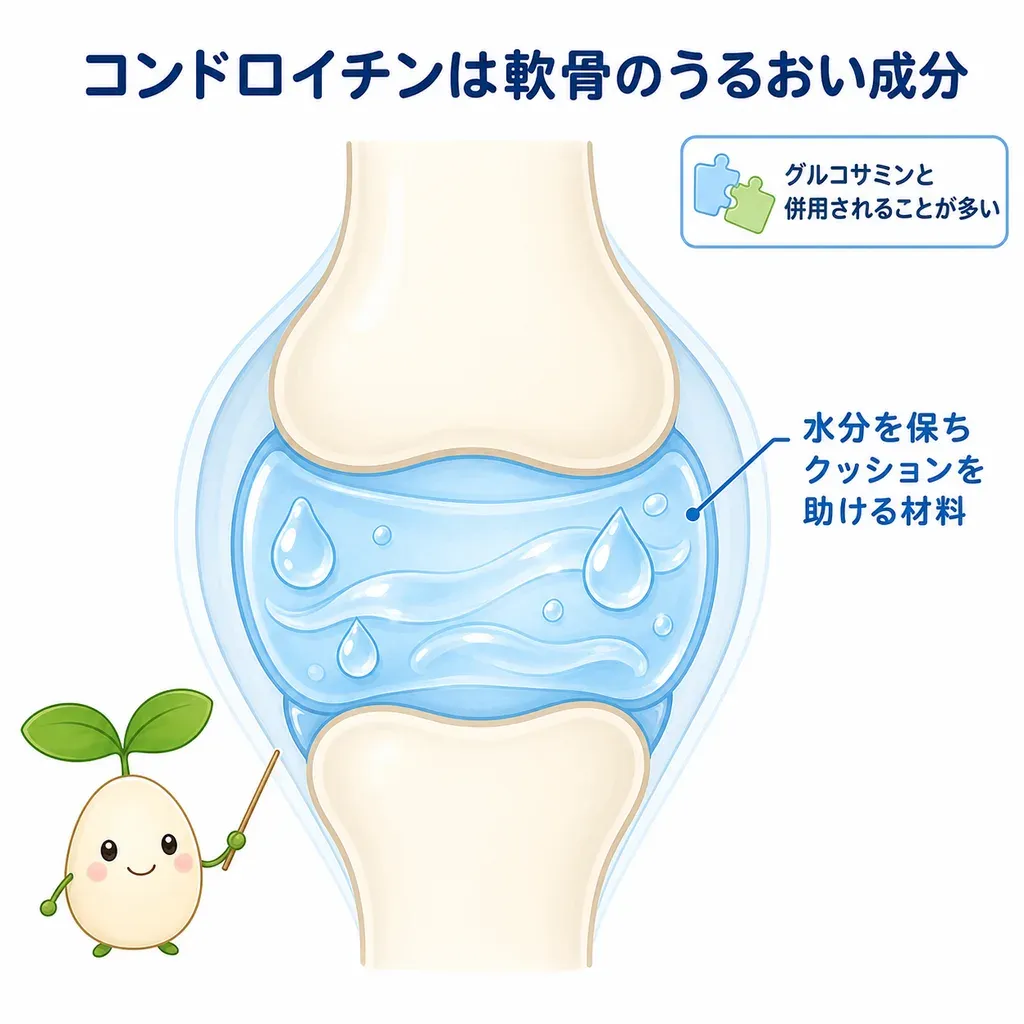 コンドロイチンが体の中でどんなはたらきに関わるかをやさしく示した図