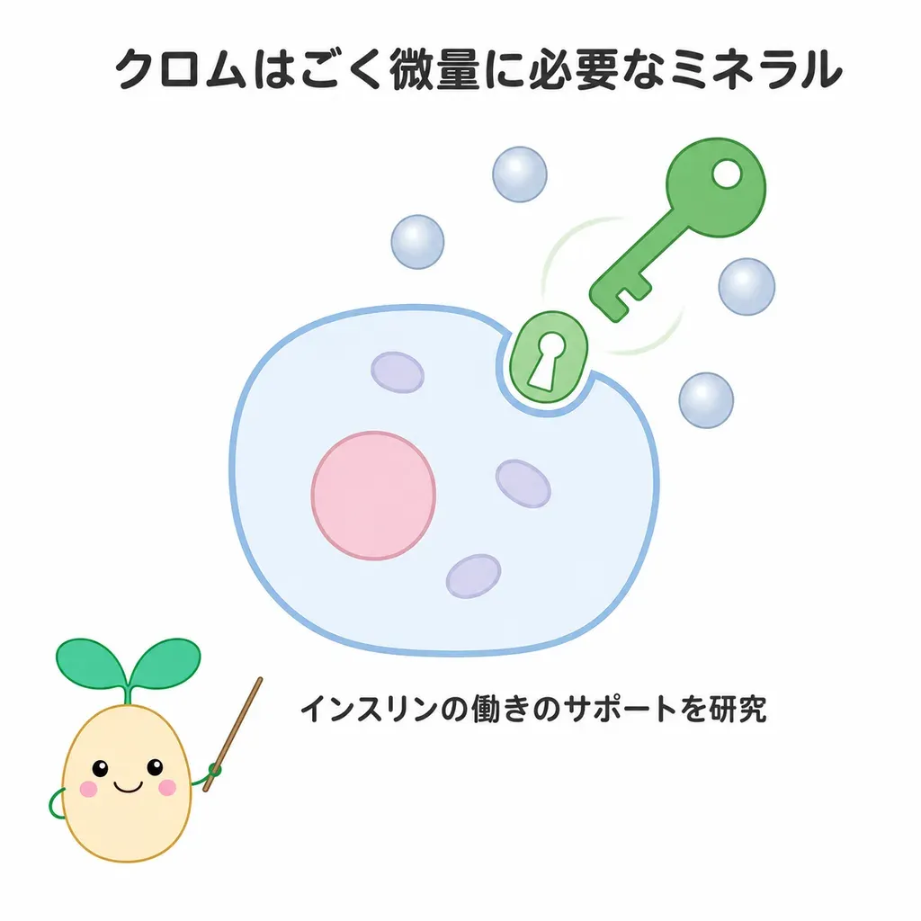 クロムが体の中でどんなはたらきに関わるかをやさしく示した図